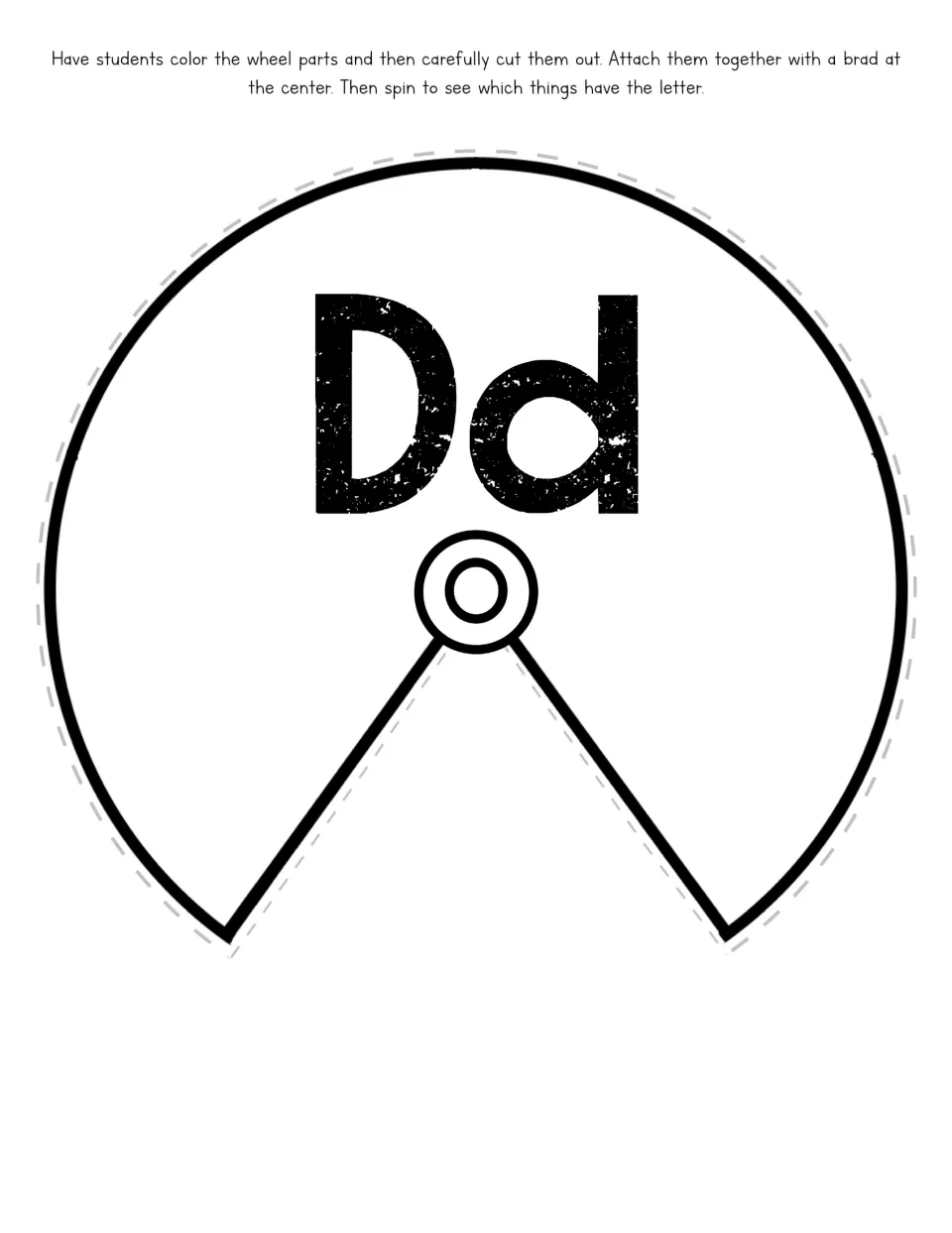 Letter D picture wheel cover marked Dd, to color, cut out, and attach to the picture wheel with a center brad
