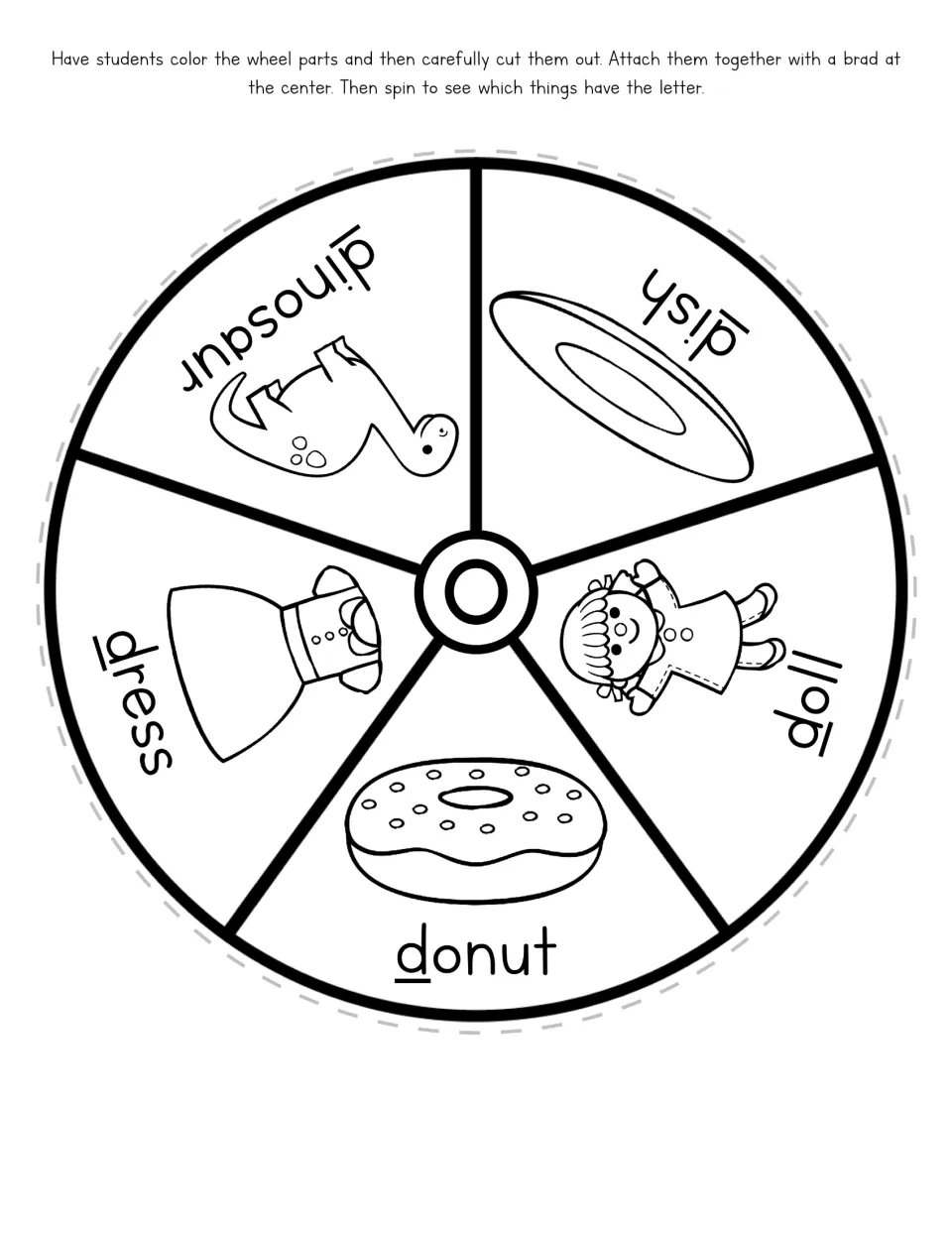 Letter D picture wheel base showing five labeled pictures: dinosaur, dish, doll, donut, and dress