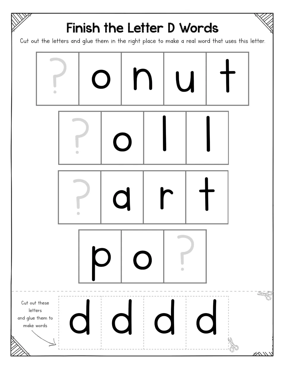 Letter D word completion activity: cut and glue four lowercase d letters to finish donut, doll, dart, and pod