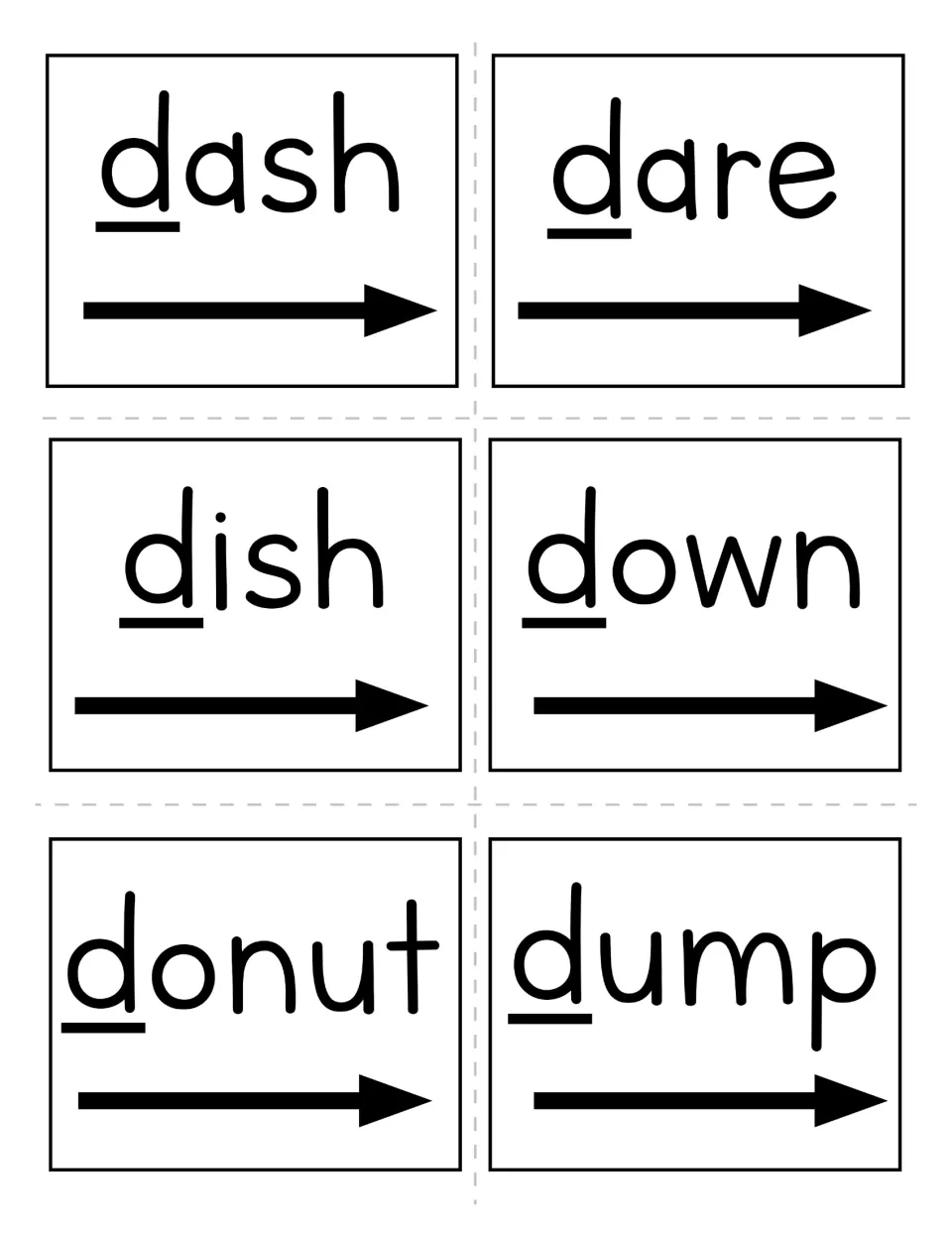 Six letter D word cards to cut apart: dash, dare, dish, down, donut, and dump, each with the initial d underlined