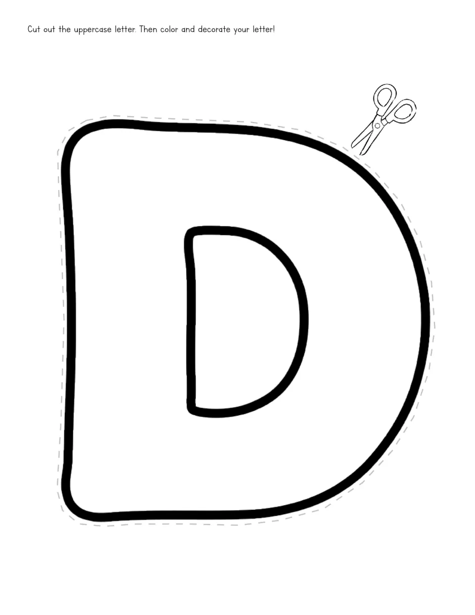 Uppercase D cutout template for the letter D unit, with directions to cut out, color, and decorate the letter
