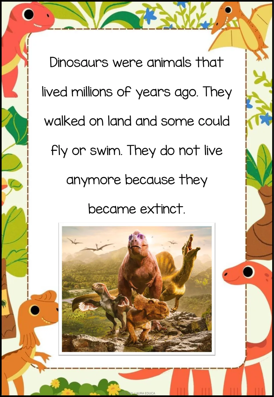 Opening reading passage introduces dinosaurs as animals from millions of years ago and mentions extinction.