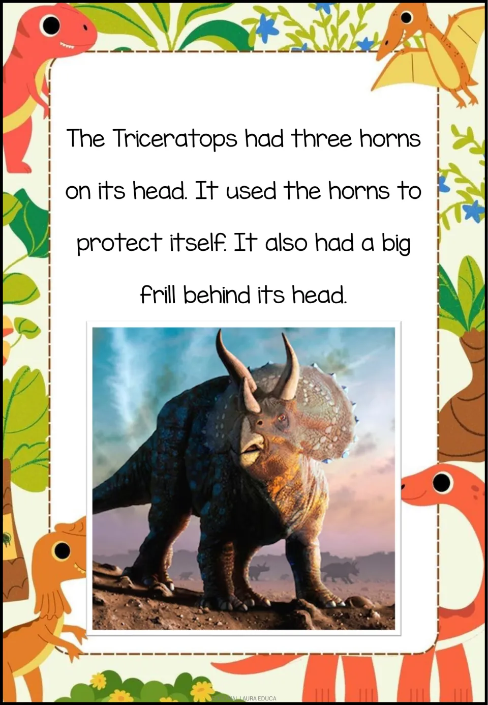 Reading passage describes Triceratops, its three protective horns and the big frill behind its head.