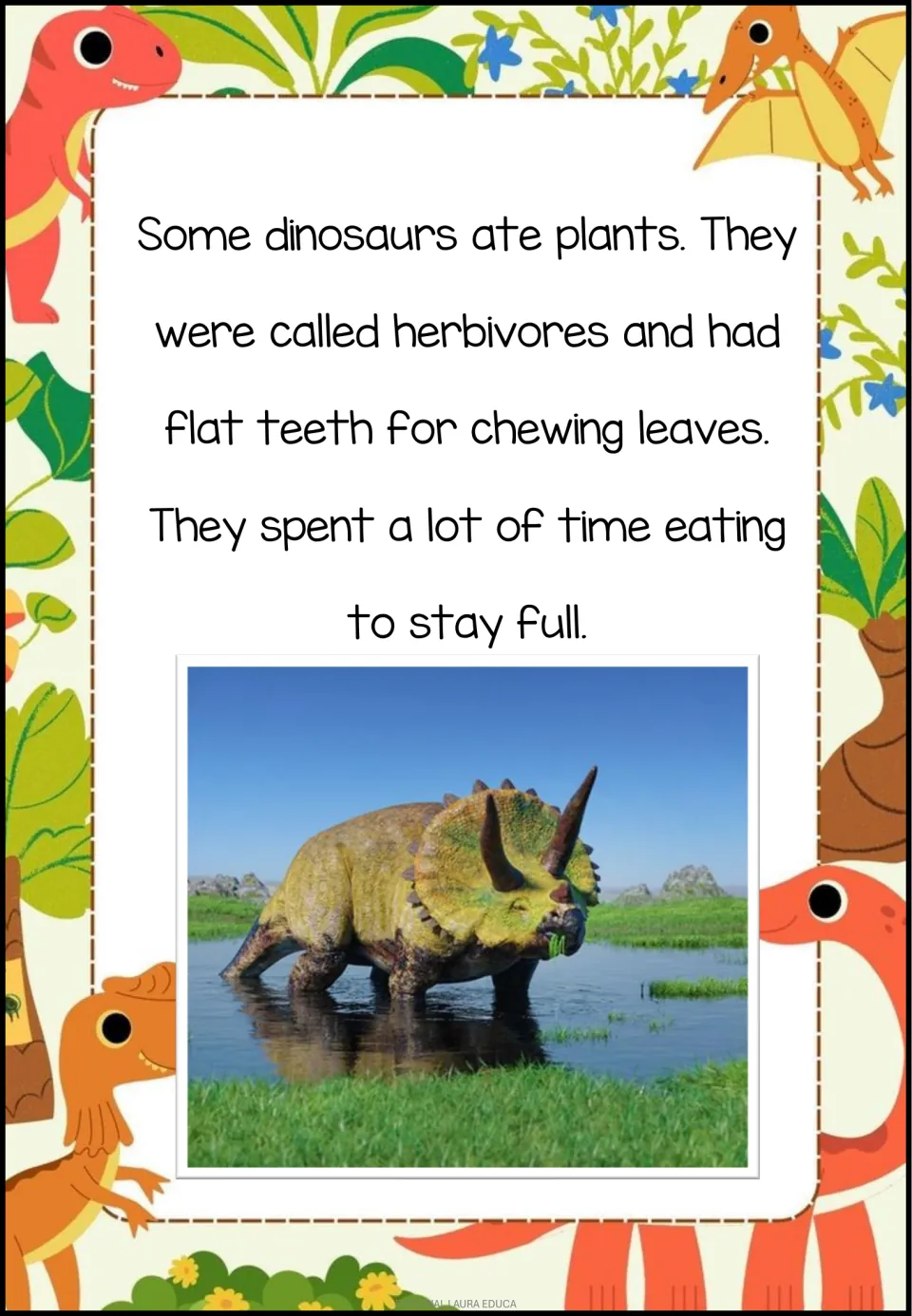 Reading passage describes herbivores as plant-eating dinosaurs with flat teeth for chewing leaves.