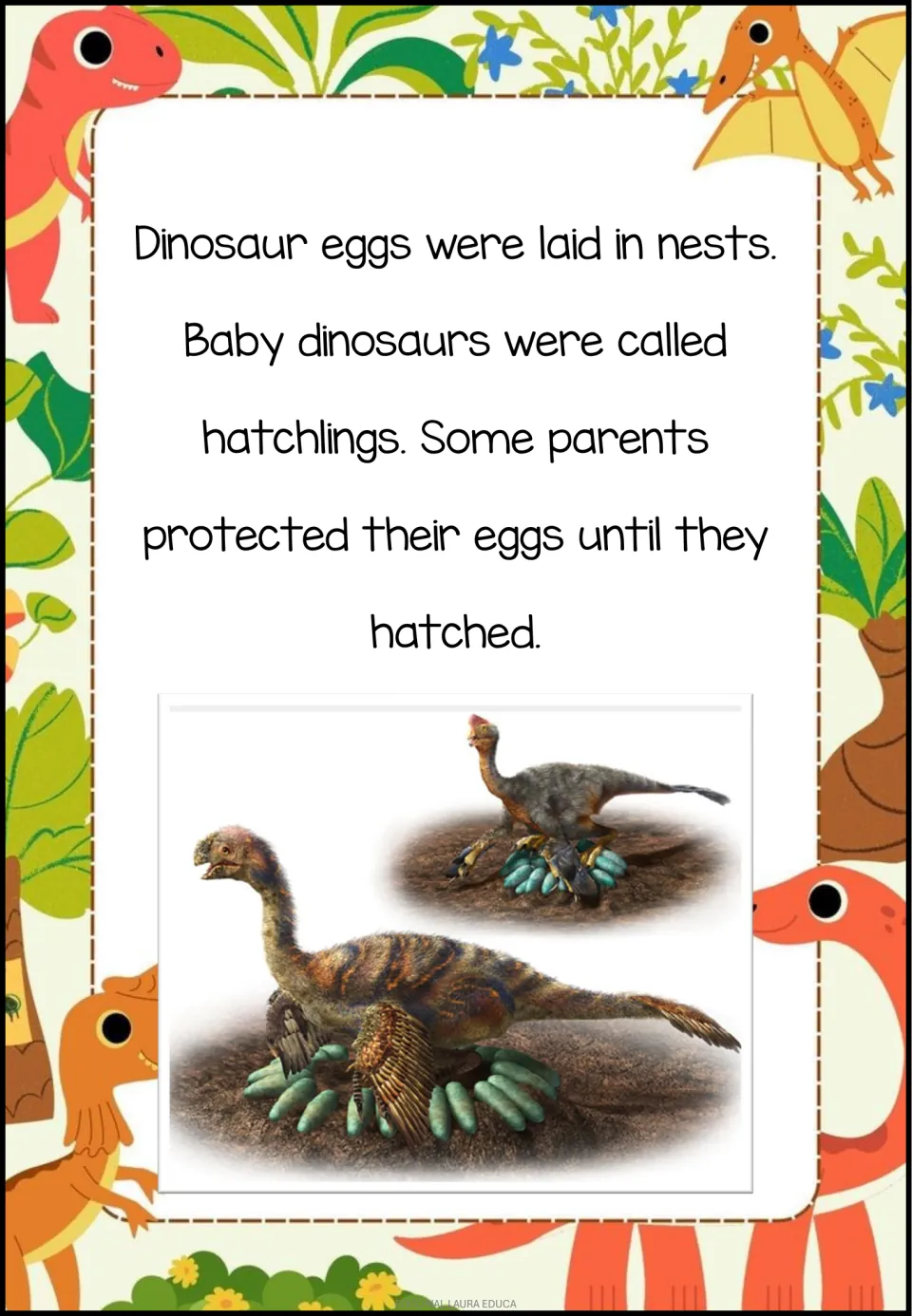 Reading passage explains dinosaur nests, babies called hatchlings and parents protecting their eggs.
