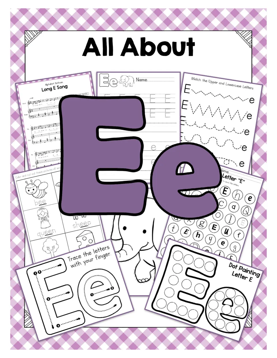All About Ee cover showing a long E song, tracing, letter matching, dot painting, picture cards and a find-the-letter page