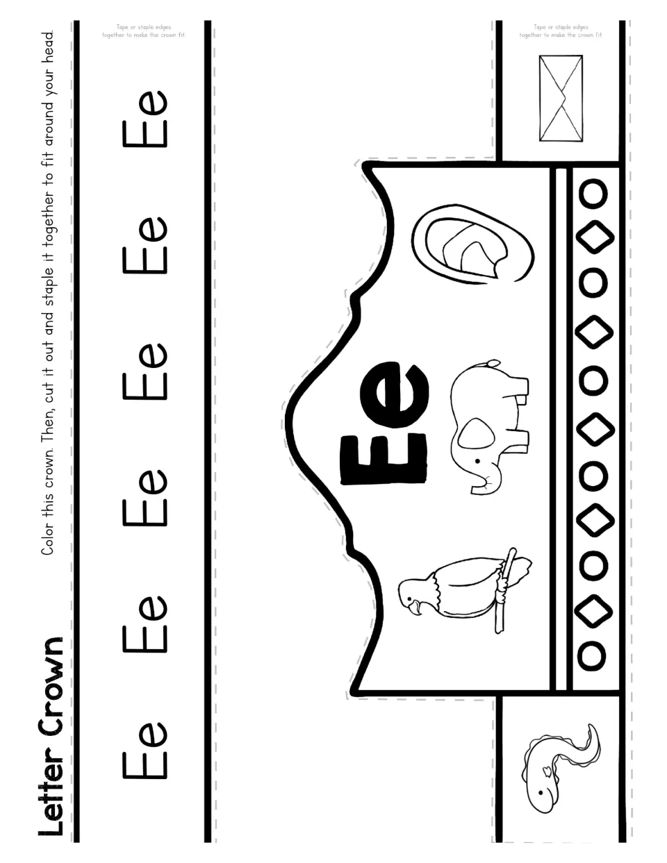 Letter E crown: students trace Ee, color a crown showing Ee, an elephant and other pictures, then cut and staple it to fit