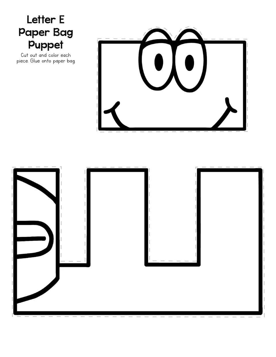 Letter E paper bag puppet: cut-out pieces of a smiling face and an E-shaped body that students color and glue onto a bag