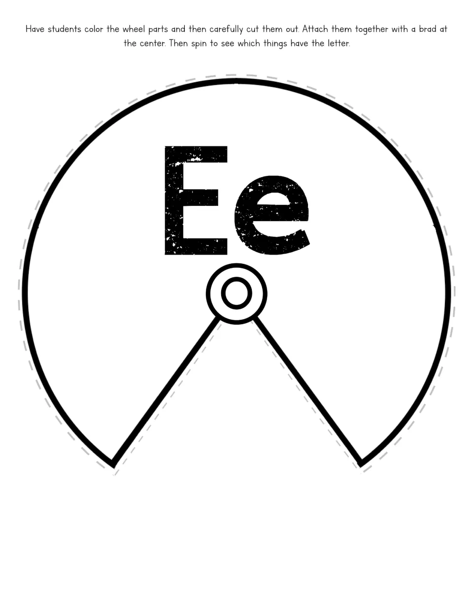 Letter E spinner top: cut-out piece with a bold Ee and an open window that students color, cut and join with a brad