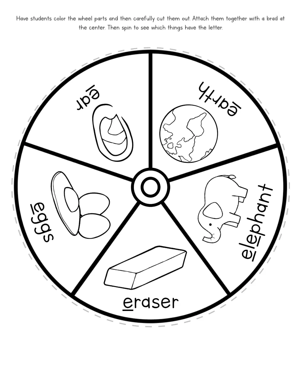 Letter E spinner base: cut-out wheel with ear, earth, elephant, eraser and eggs, each word's e underlined, to spin and name