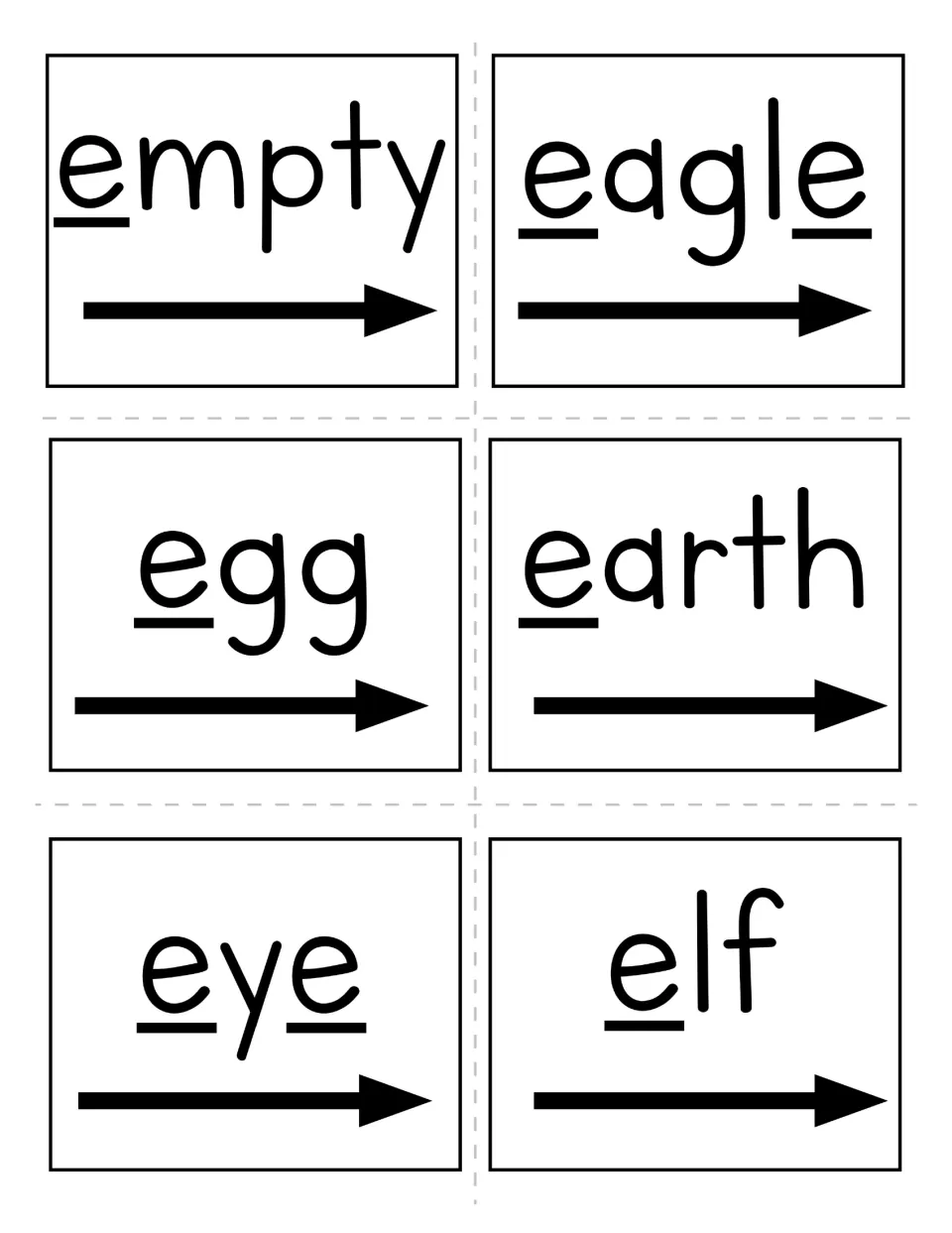 Letter E word cards: empty, eagle, egg, earth, eye and elf with each e underlined and a left-to-right arrow below