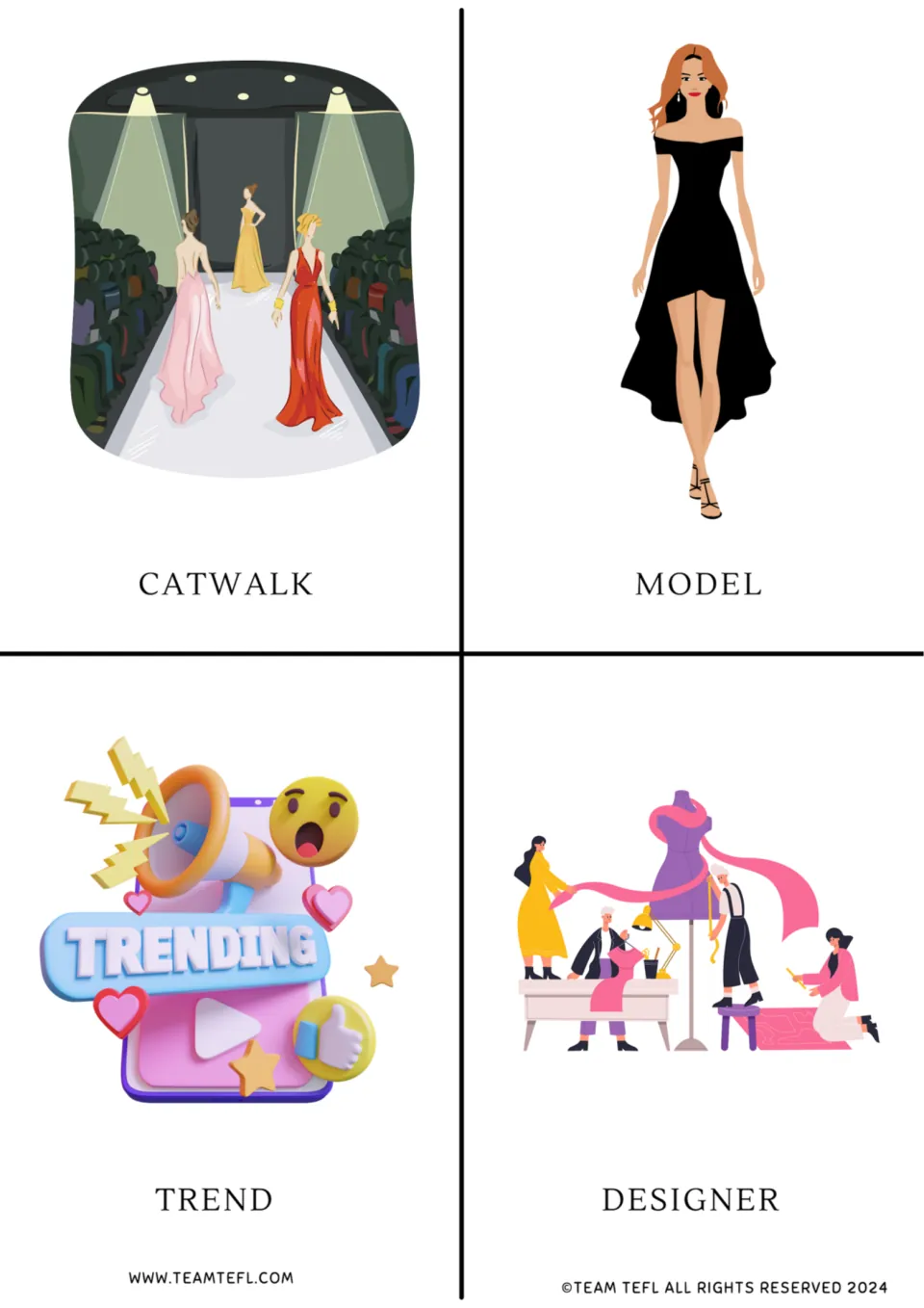 Fashion vocabulary flashcards 1–4: catwalk, model, trend, and designer, each paired with an illustration