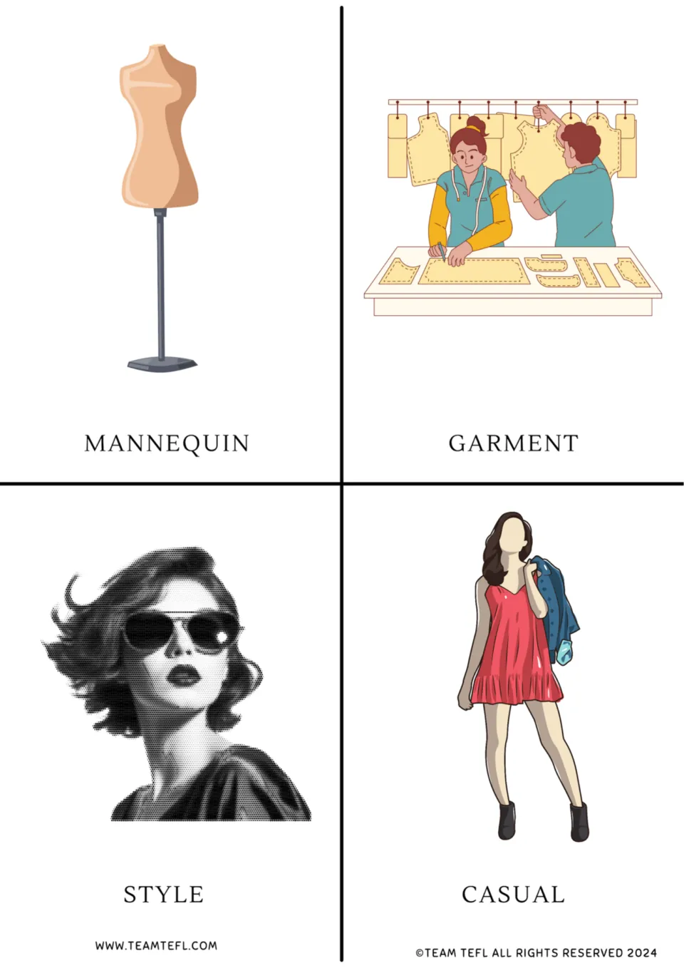 Fashion vocabulary flashcards 5–8: mannequin, garment, style, and casual, each shown with an illustration