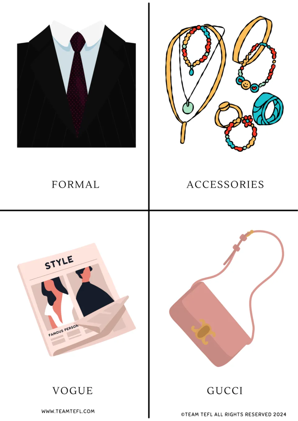 Fashion vocabulary flashcards 9–12: formal, accessories, Vogue, and Gucci, with clothing and fashion pictures
