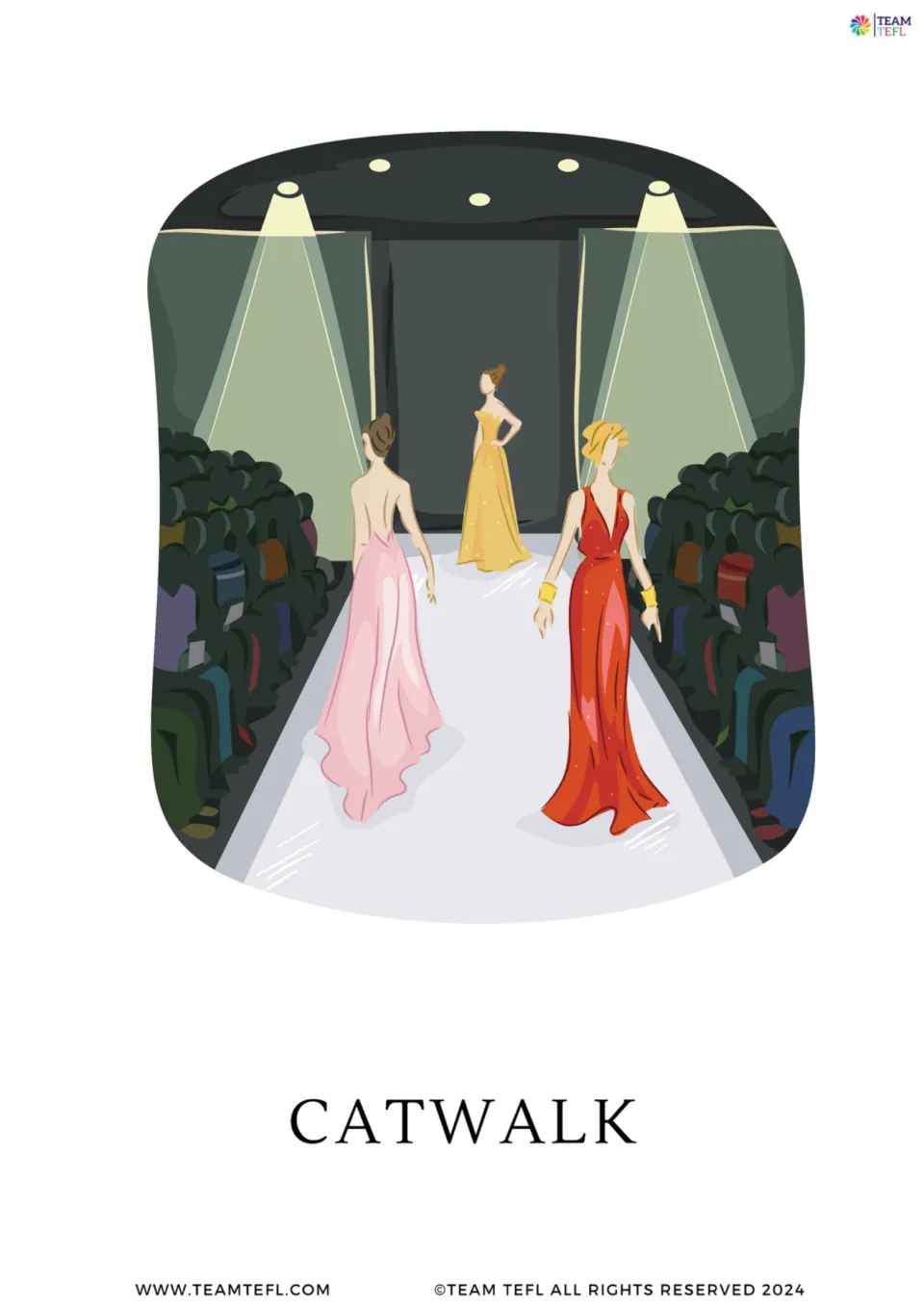 Enlarged catwalk vocabulary flashcard from the fashion lesson, showing models on a runway before an audience