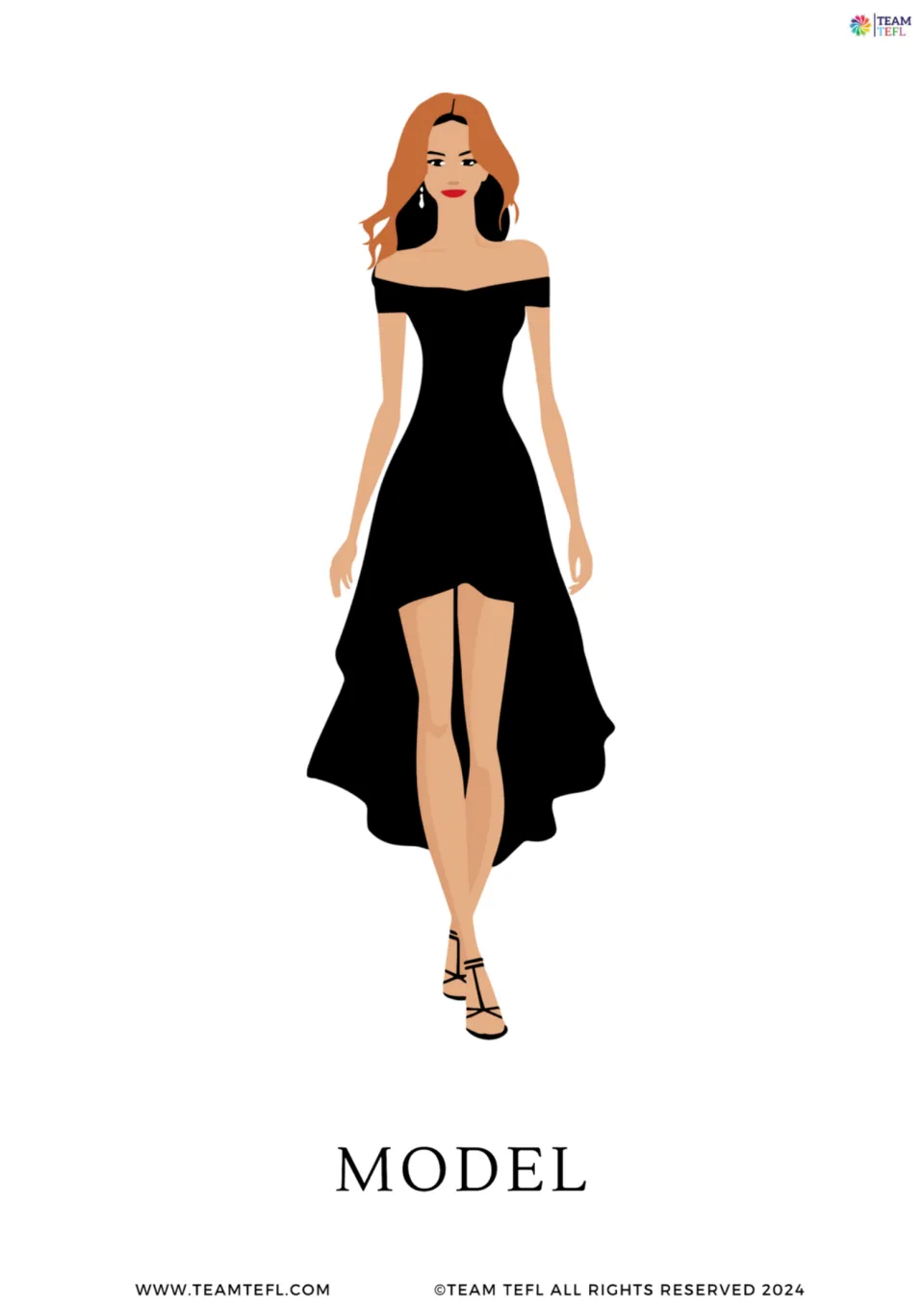 Enlarged model vocabulary flashcard from the fashion lesson, showing a woman wearing a black dress and heels