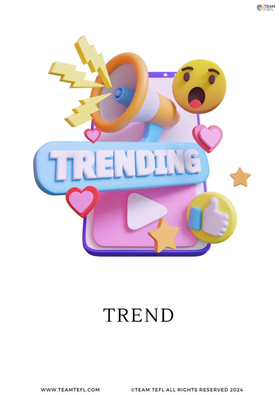 Enlarged trend vocabulary flashcard from the fashion lesson, featuring a phone and the word 'TRENDING'