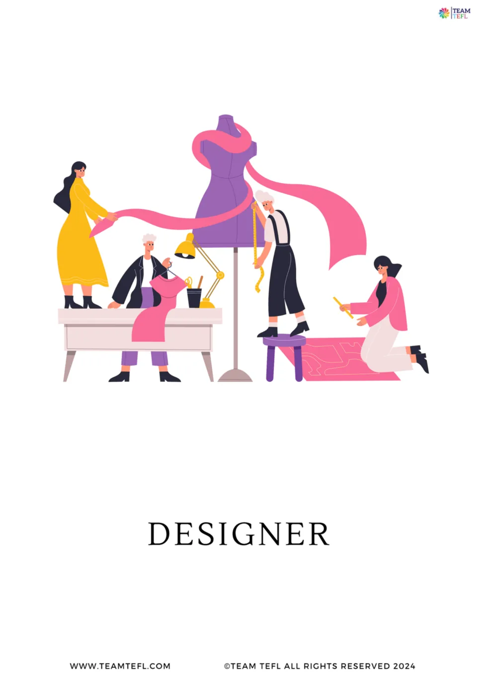 Enlarged designer vocabulary flashcard from the fashion lesson, showing people working with fabric and a dress form