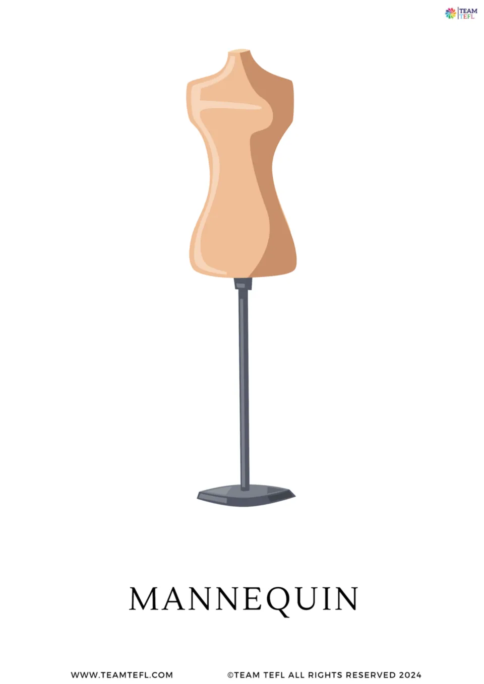 Enlarged mannequin vocabulary flashcard from the fashion lesson, showing a torso-shaped dress form on a stand