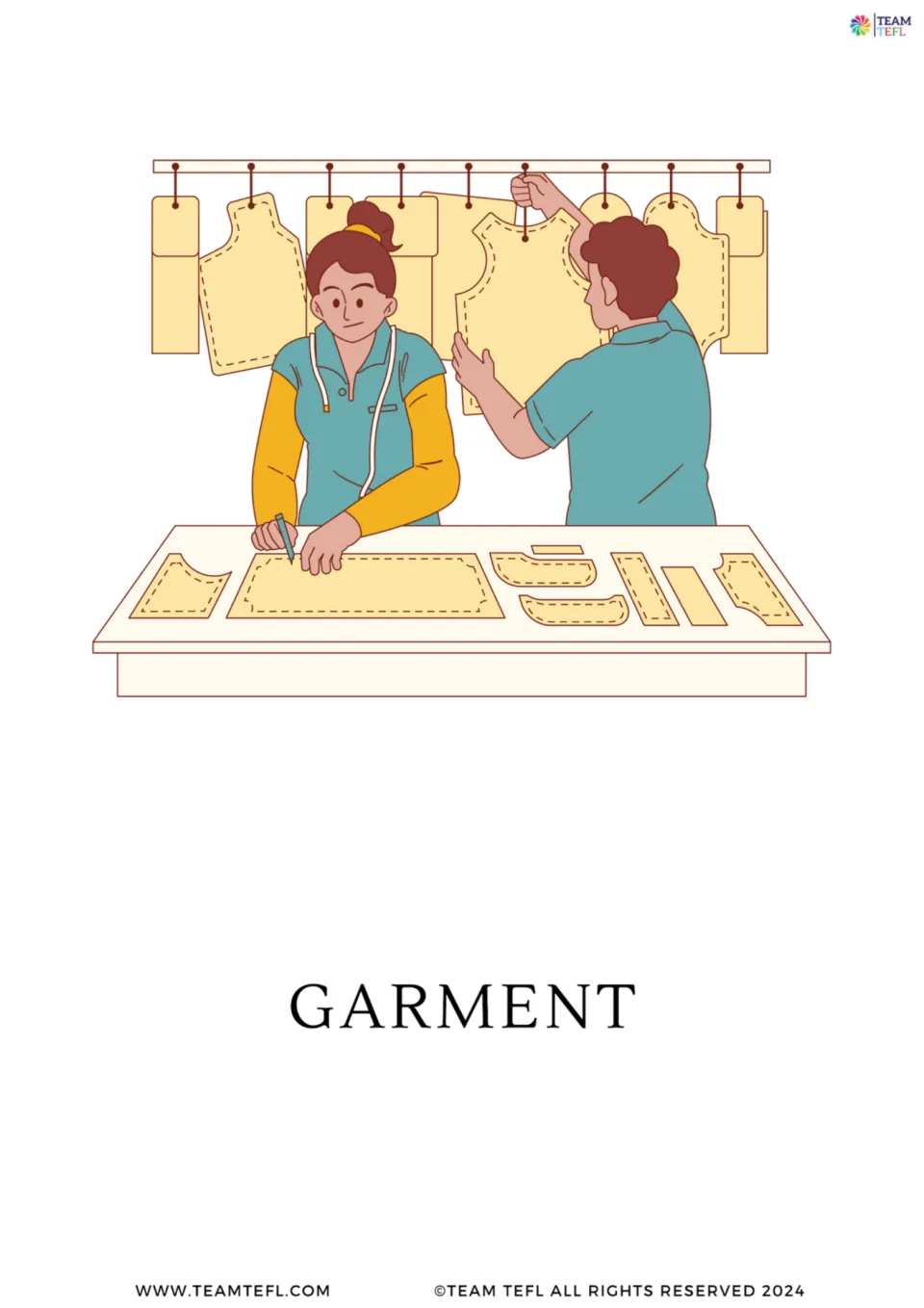 Enlarged garment vocabulary flashcard from the fashion lesson, showing two people working with clothing patterns