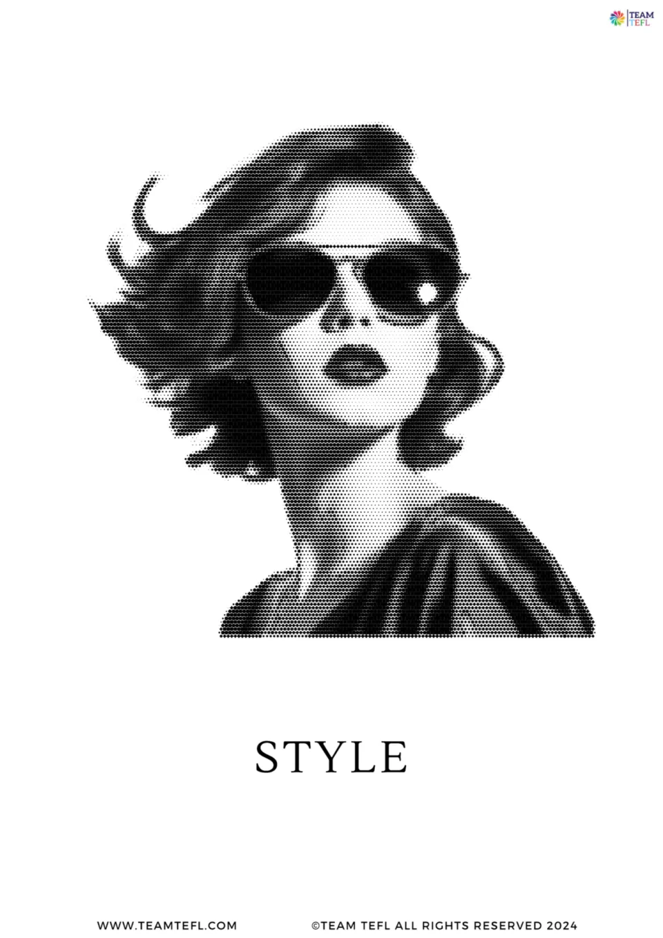 Enlarged style vocabulary flashcard from the fashion lesson, showing a woman with short hair and sunglasses