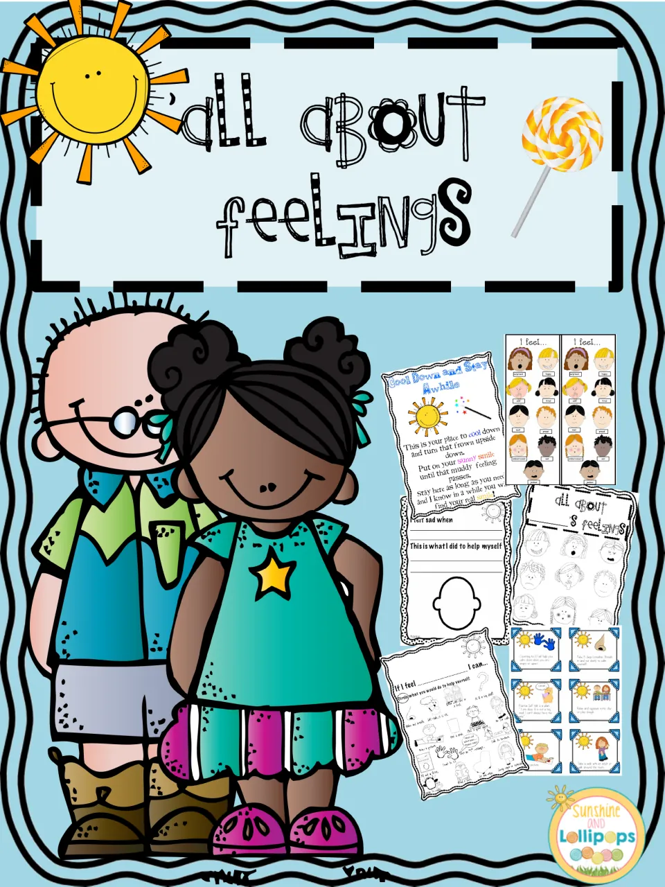 All About Feelings cover with two children beside sample writing pages, emotion face cards and a cool-down poster