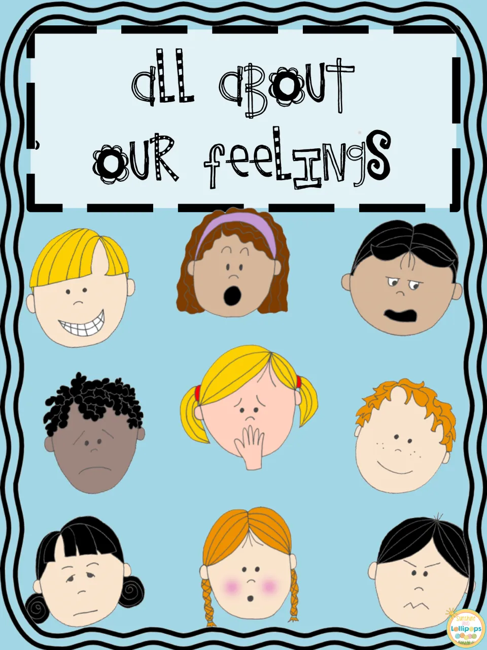 All About Our Feelings class book cover with nine children's faces showing happy, surprised, sad and angry looks