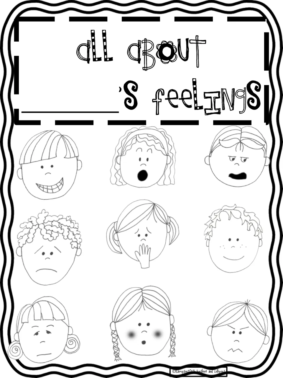 Personal feelings book cover: students write their name before 's Feelings and color nine faces with different emotions