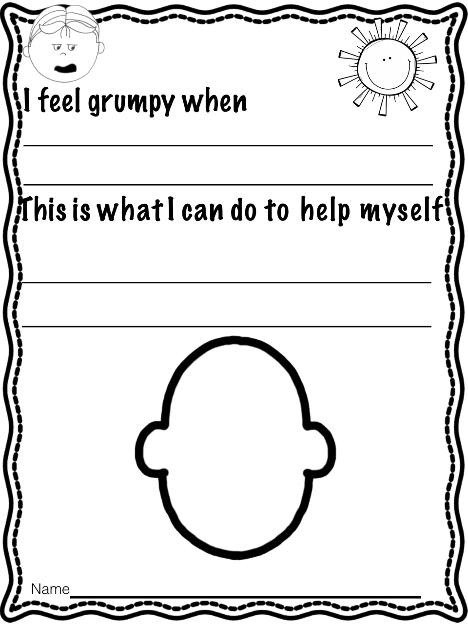 Grumpy feelings writing: students finish 'I feel grumpy when', write what they can do to help themselves and draw a face