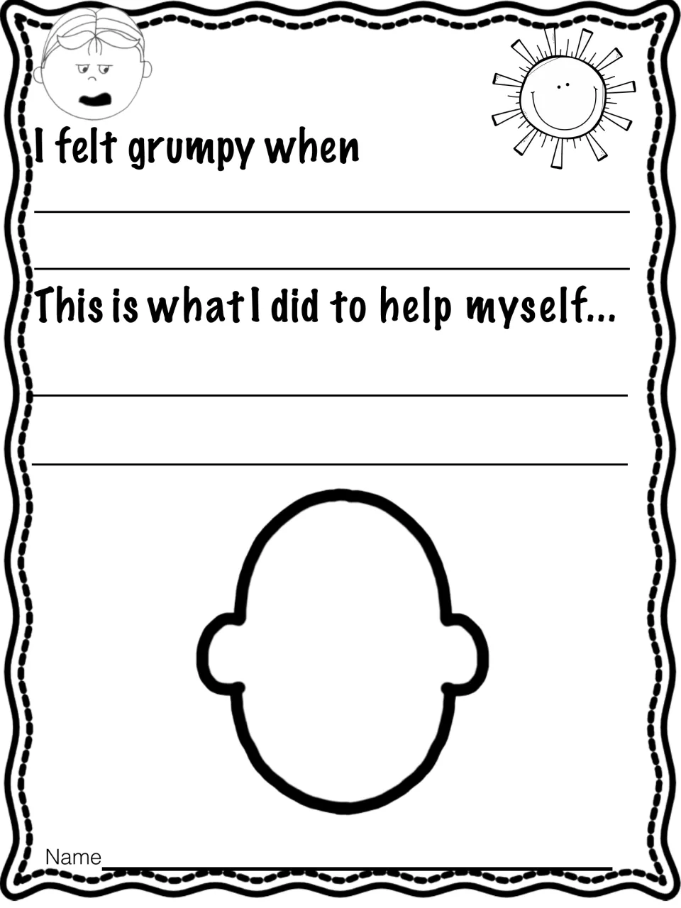 Grumpy reflection: students complete 'I felt grumpy when', tell what they did to help themselves and draw their face