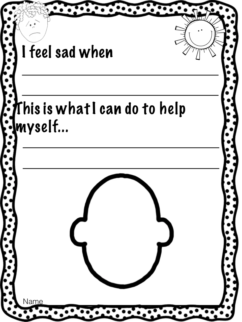 Sad feelings writing: students finish 'I feel sad when', list what they can do to help themselves and draw their face