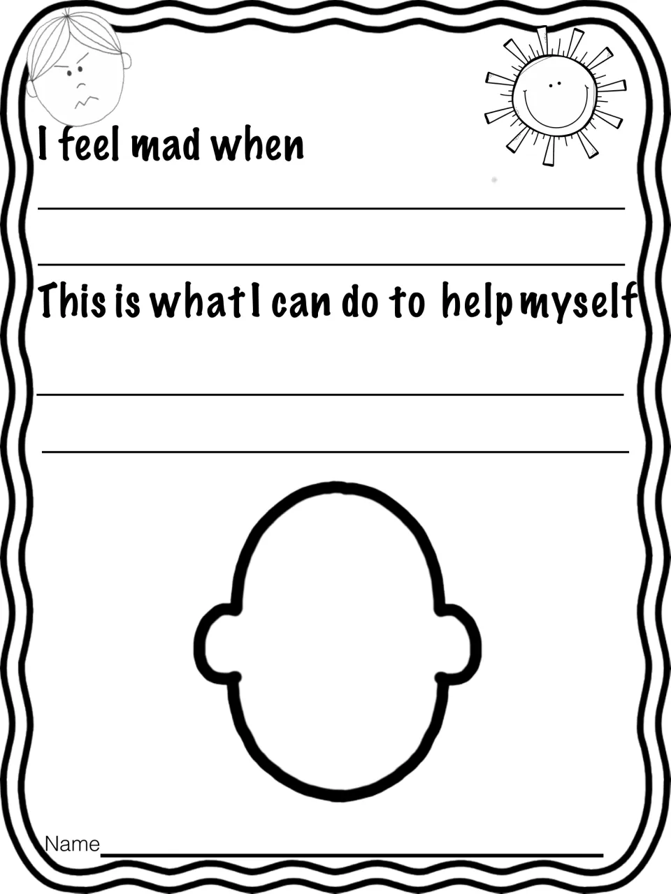 Mad feelings writing: students complete 'I feel mad when', name a way to help themselves calm down and draw their face