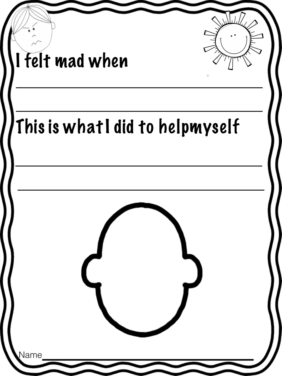 Mad reflection: students finish 'I felt mad when' and 'This is what I did to help myself', then draw their face