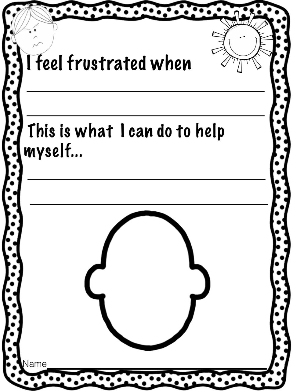 Frustration writing: students finish 'I feel frustrated when', write how they can help themselves and draw a face