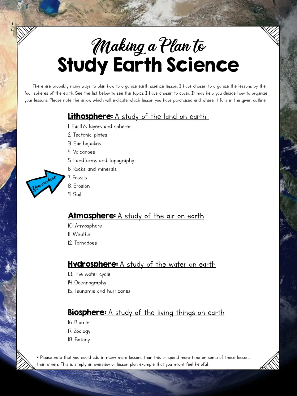 Making a Plan to Study Earth Science: 18-lesson outline by four spheres, with a 'You are here' arrow at lesson 7, Fossils