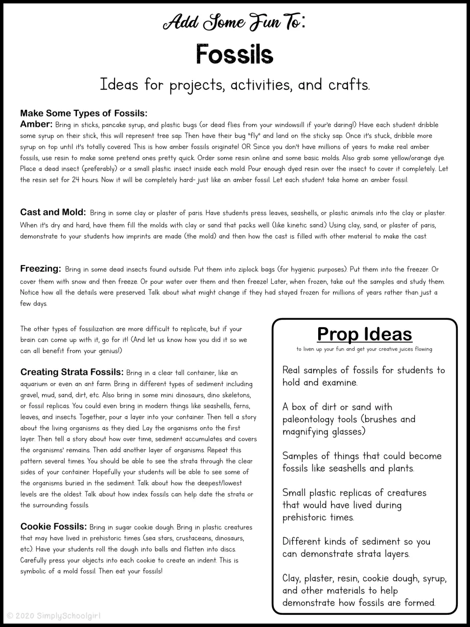 Fossil project ideas: making amber, cast and mold, frozen, strata and cookie fossils, plus a list of prop ideas