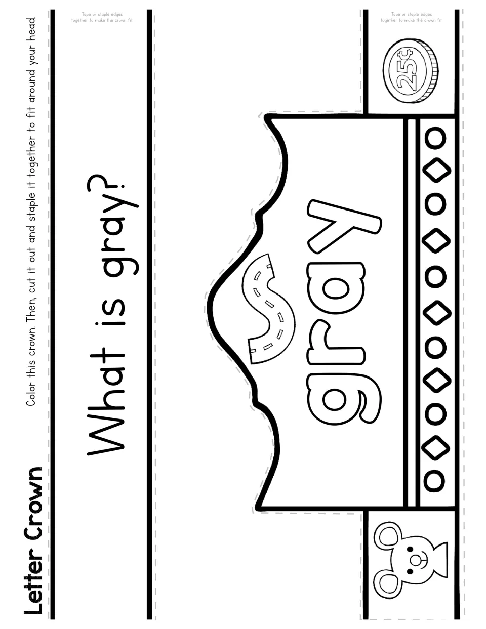 Letter crown asking What is gray?: students color the gray word band with road, quarter and mouse art, cut and staple it