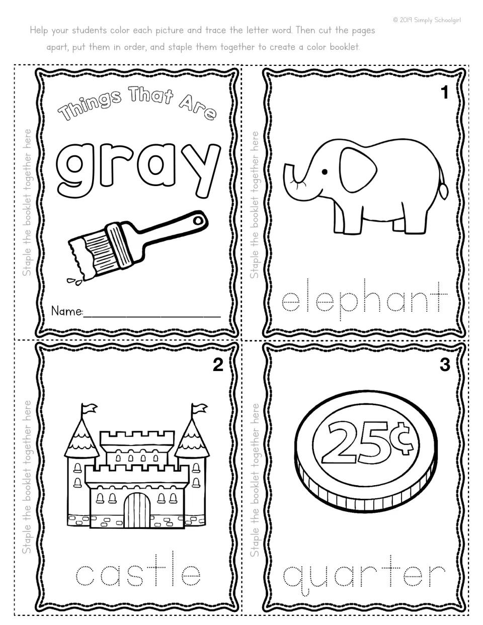 Gray color booklet pages 1 to 3: students color an elephant, castle and quarter and trace each word; includes booklet cover