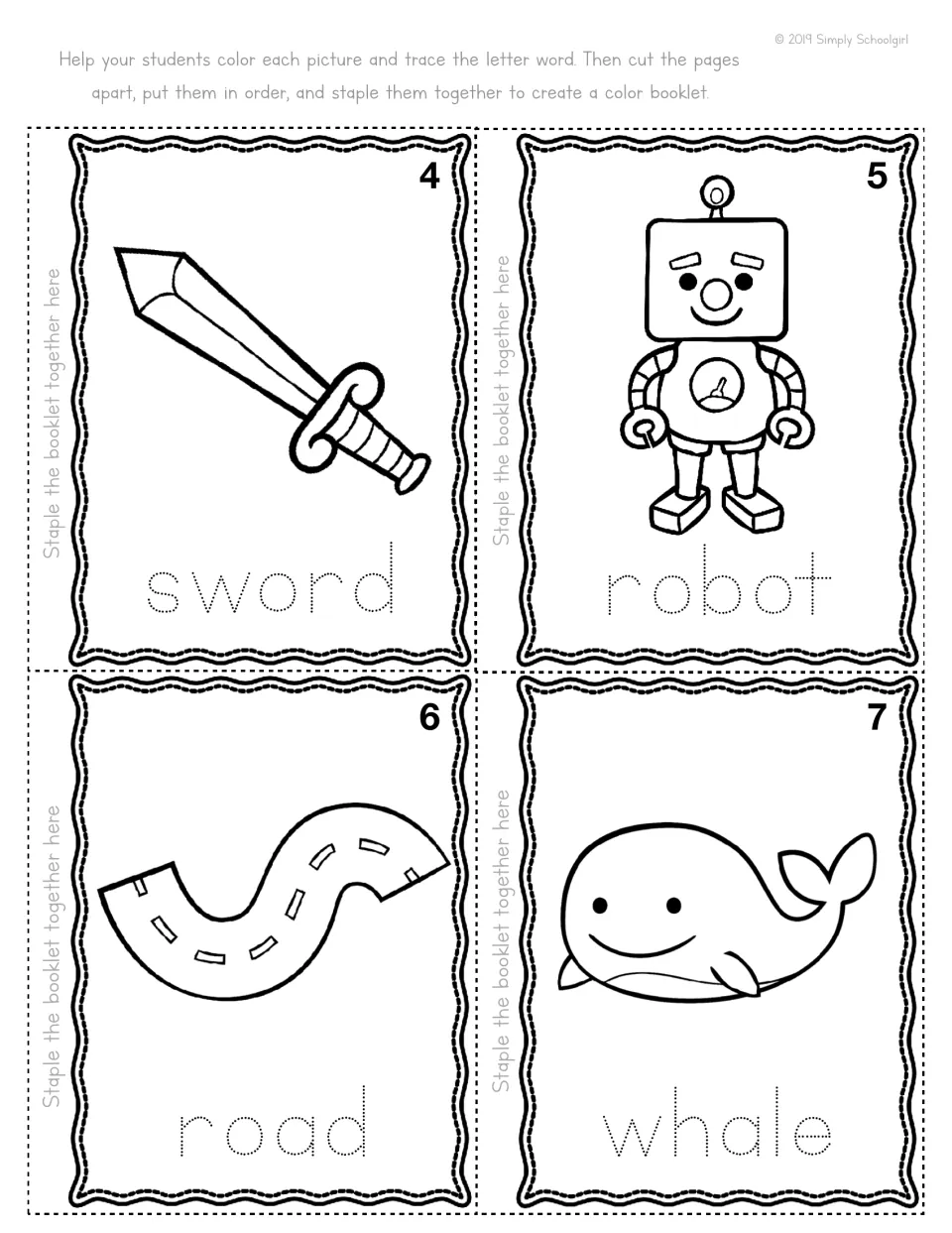 Gray color booklet pages 4 to 7: students color a sword, robot, road and whale and trace each dotted word