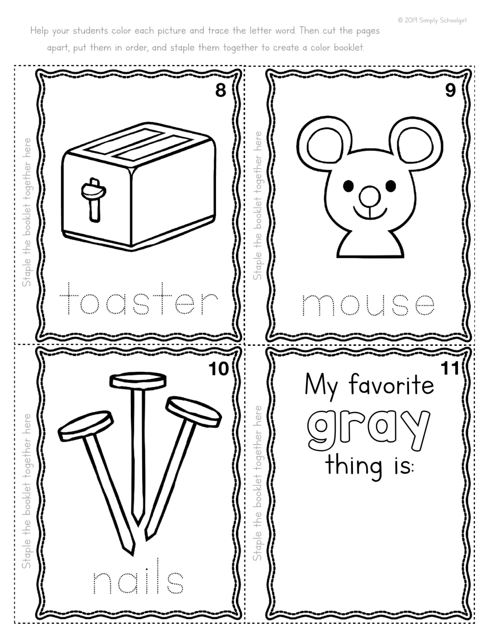 Gray color booklet pages 8 to 11: color a toaster, mouse and nails, trace the words, then draw my favorite gray thing