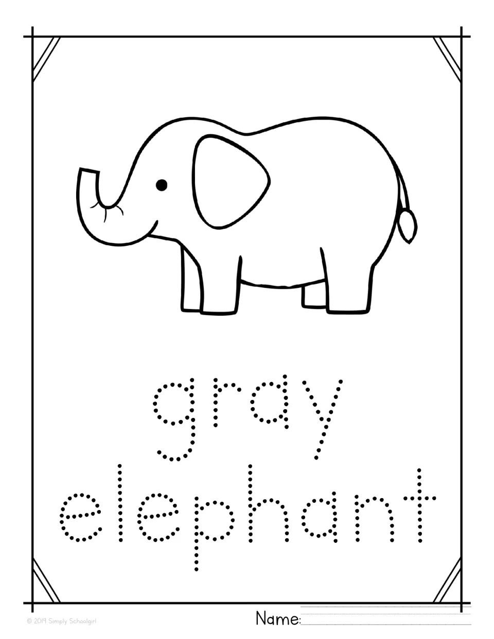Color-and-trace page: students color a large smiling elephant, then trace the two dotted words below it and write a name