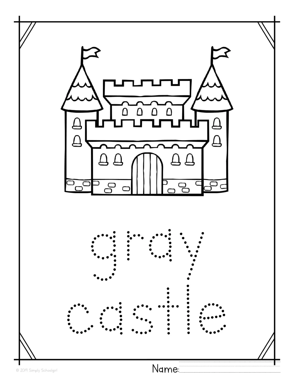 Tracing practice: students color a castle with two flagged towers, trace the dotted words below it and print their name