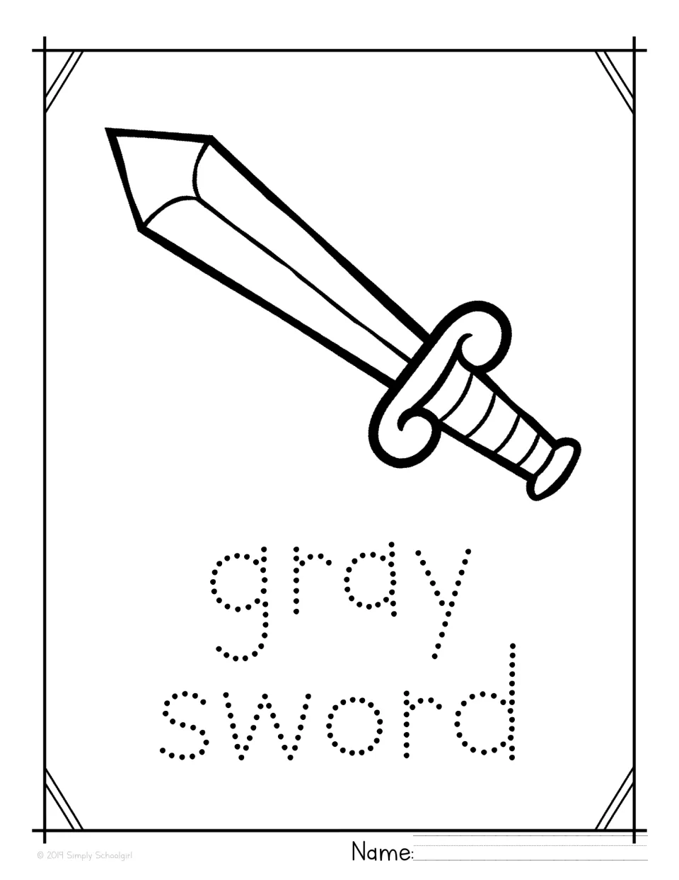 Handwriting practice: students color a large sword with a curled hilt, then trace its dotted gray label and write a name
