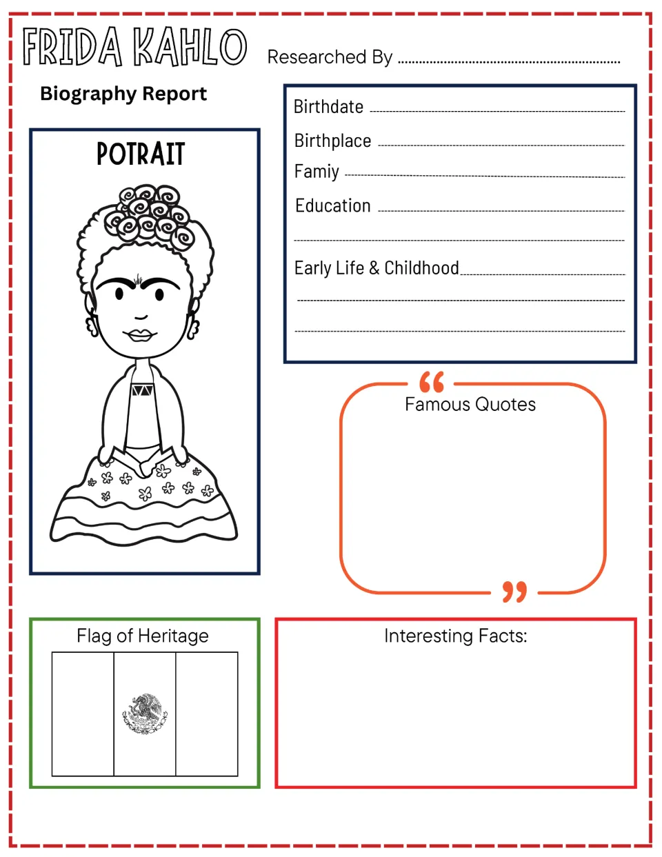 Frida Kahlo biography report: students record birthdate, family and early life, add quotes, facts and color a Mexican flag