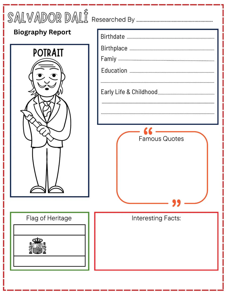 Salvador Dalí biography report: students record birthdate, family and education, add quotes, facts and color Spain's flag