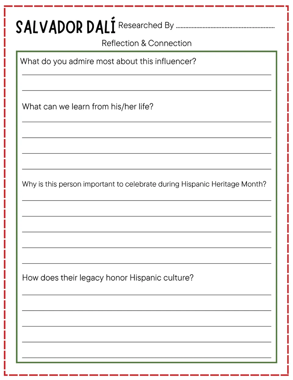 Salvador Dalí reflection: students write what they admire about him and why to honor him in Hispanic Heritage Month