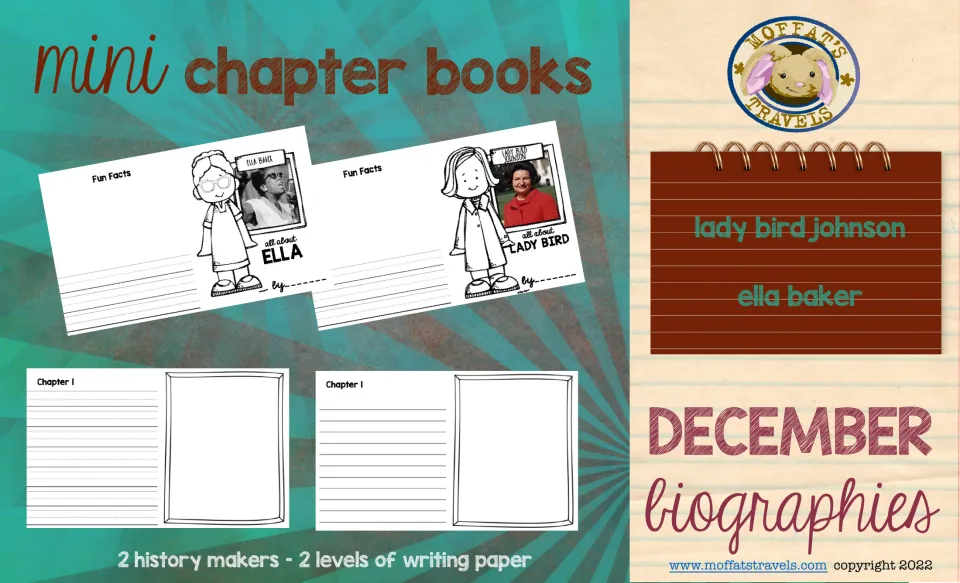 December biography mini chapter book packet cover naming Lady Bird Johnson and Ella Baker, with two writing levels