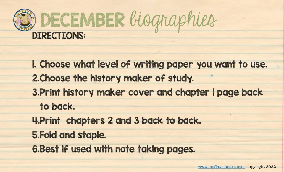 Mini chapter book directions: choose a writing level and history maker, print back to back, fold, and staple