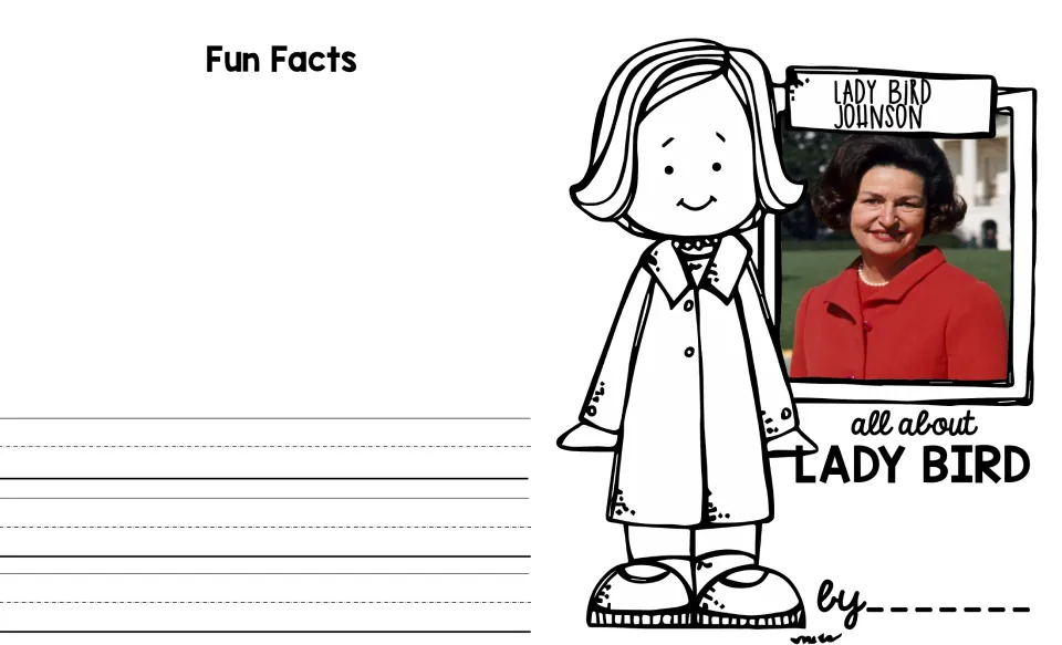 Lady Bird Johnson mini book cover sheet with her portrait, 'all about LADY BIRD,' and a Fun Facts section