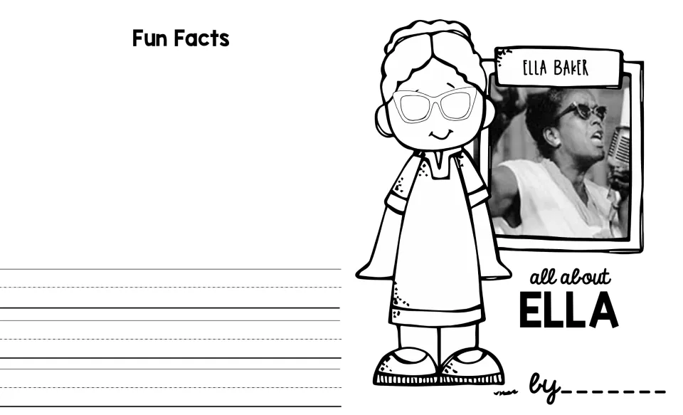 Ella Baker mini book cover sheet with her portrait, 'all about ELLA,' an author space, and a Fun Facts section